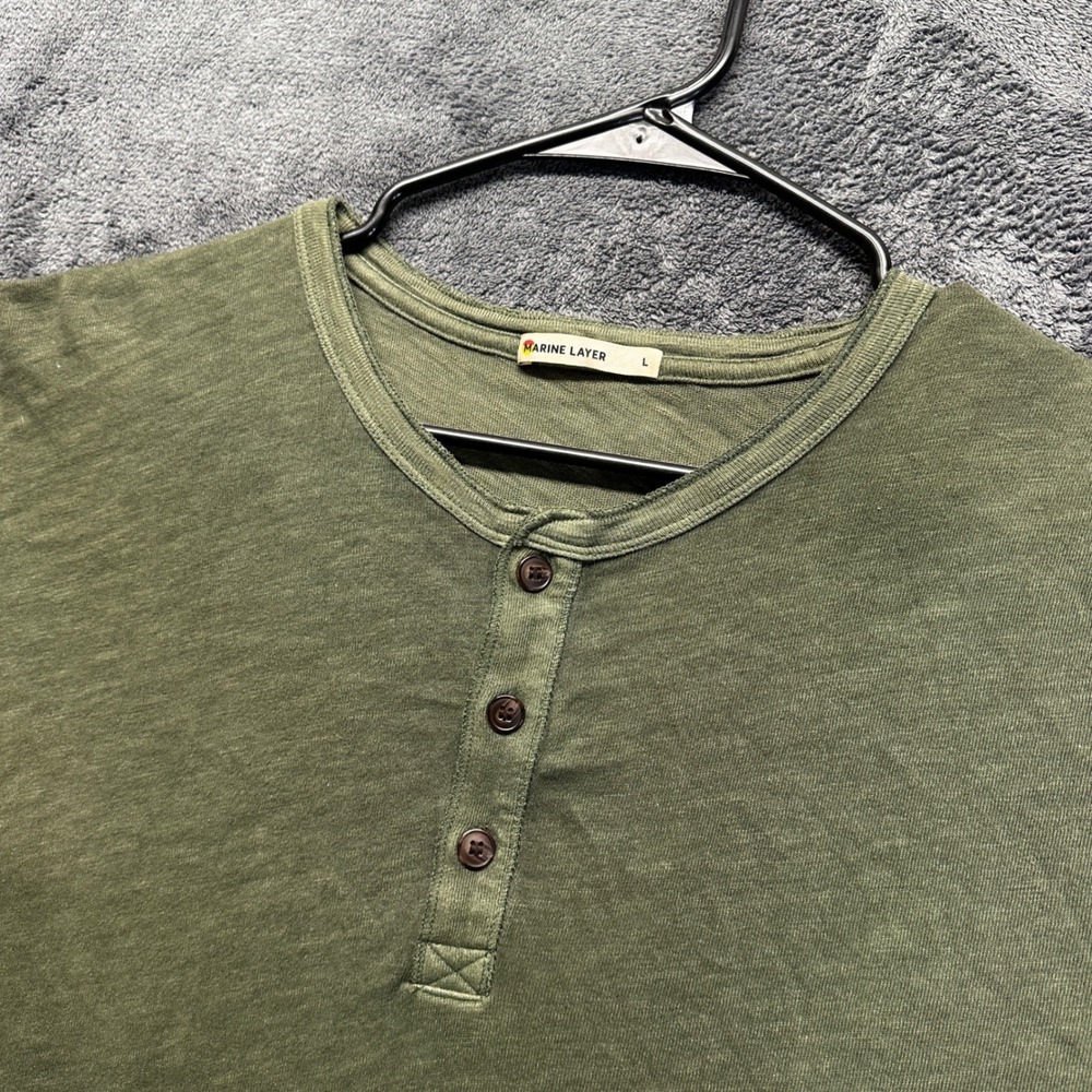 Marine Layer Henley Shirt Mens Large Green Short Sleeve Slub Jersey Casual